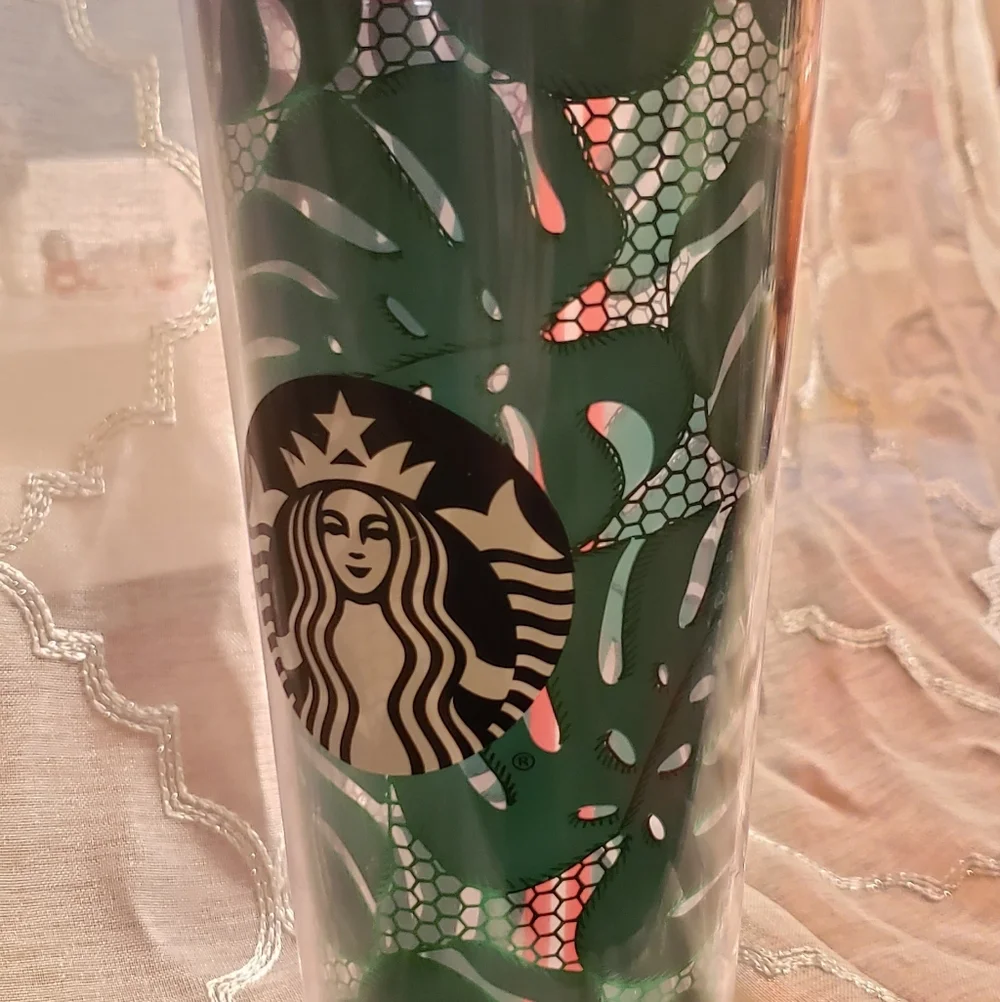 Starbucks Venti Green Leaf Cold Tumbler with Red Lid (No Straw)